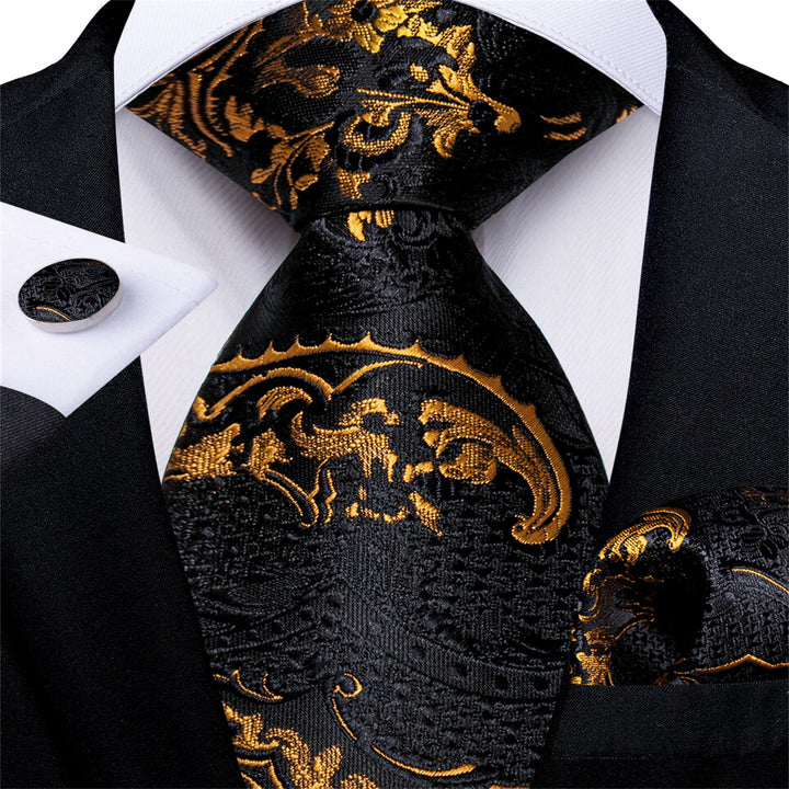 Black Gold Floral Men's Silk Tie