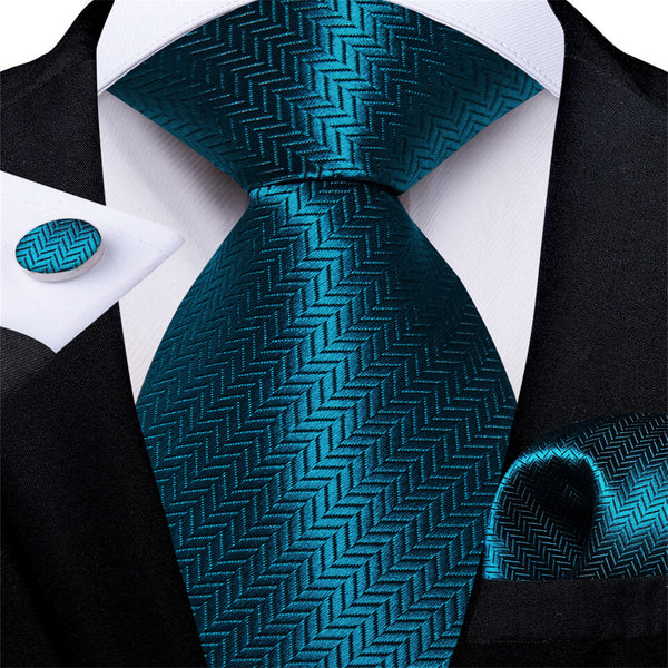 Teal Blue Striped Men's Silk Tie Set