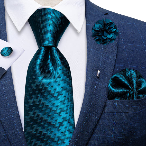Blue Green Novelty Men's Woven Necktie Pocket Square Cufflinks Set with Lapel Pin