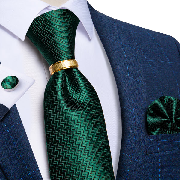 Dark Green Novelty Tie Ring Pocket Square Cufflinks Set