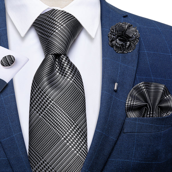 Grey Black White Plaid Novelty Woven Men's Necktie Pocket Square Cufflinks Set with Lapel Pin