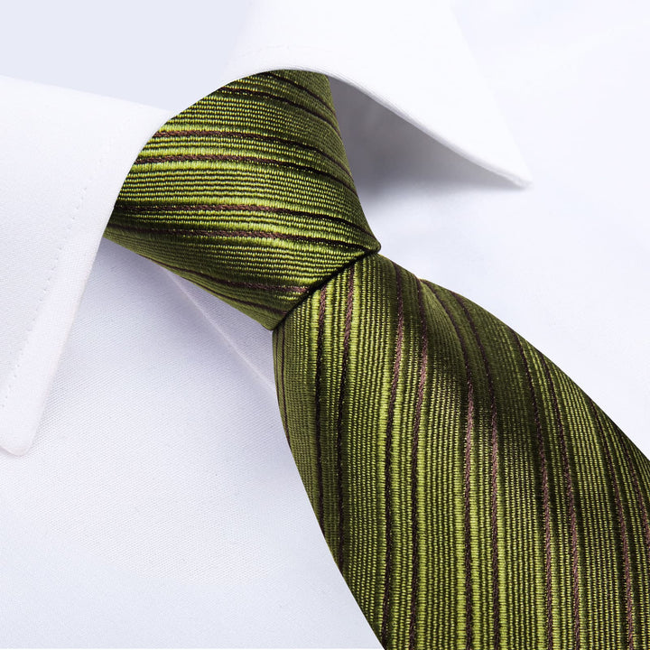 Olive Drab green striped silk mens business dress shirt tie pocket square cufflinks set