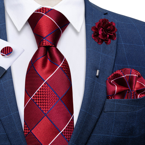 Red Blue White Plaid Men's Necktie Pocket Square Cufflinks Set with Lapel Pin