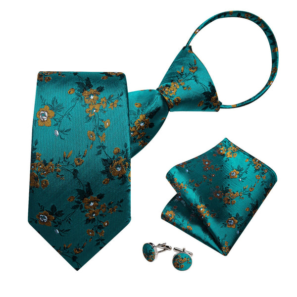 Ties2you Zipper Tie Teal Floral Silk Mens Pre-tied Tie Handkerchief Cufflinks Set