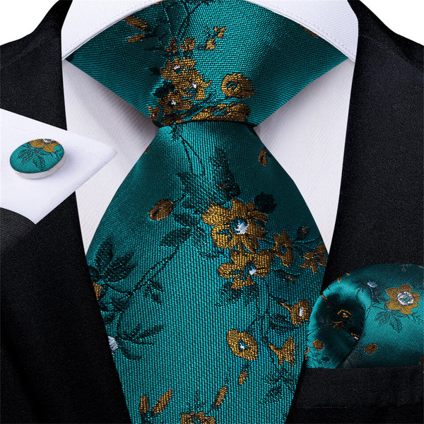 Dark Cyan Brown Woven Floral Men's Silk Tie