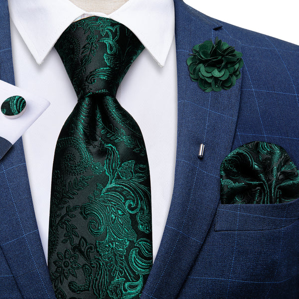 Green Black Floral Men's Necktie Pocket Square Cufflinks Set with Lapel Pin