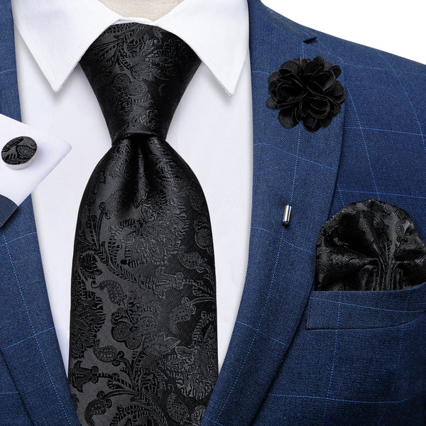 Black Floral Men's Necktie Pocket Square Cufflinks Set with Lapel Pin
