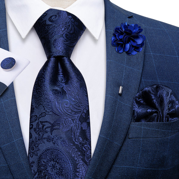 Blue Navy Floral Men's Necktie Pocket Square Cufflinks Set with Lapel Pin