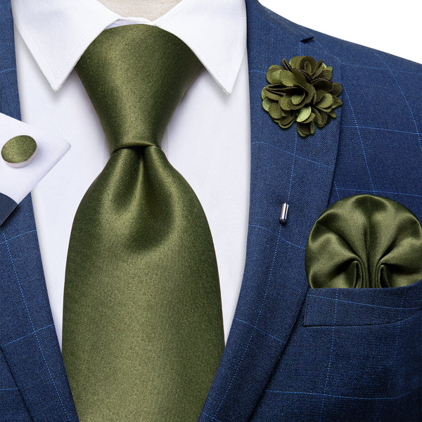 Ties2you Olive Green Tie Silk Solid Men's Tie Pocket Square Cufflinks Set With Lapel Pin