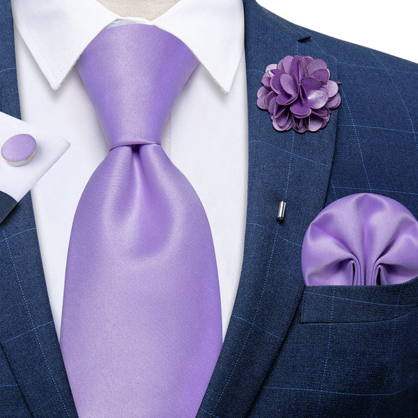 Purple Solid Men's Necktie Pocket Square Cufflinks Set with Lapel Pin