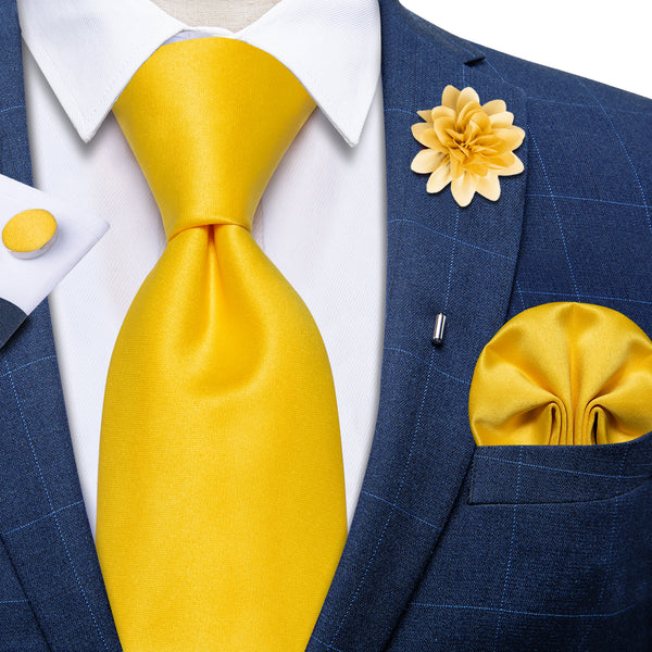 Lemon Yellow Solid Men's Necktie Pocket Square Cufflinks Set with Lapel Pin
