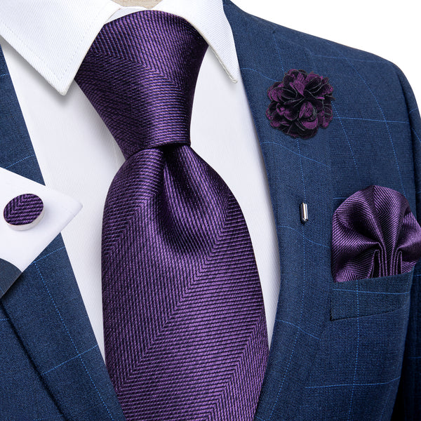 Purple Azalea Striped Woven Men's Necktie Pocket Square Cufflinks Set with Lapel Pin