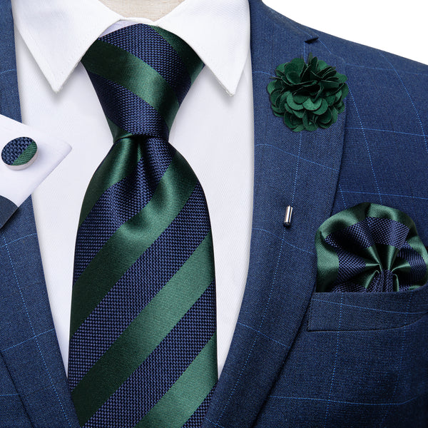 Green Navy Blue Striped Men's Necktie Pocket Square Cufflinks Set with Lapel Pin