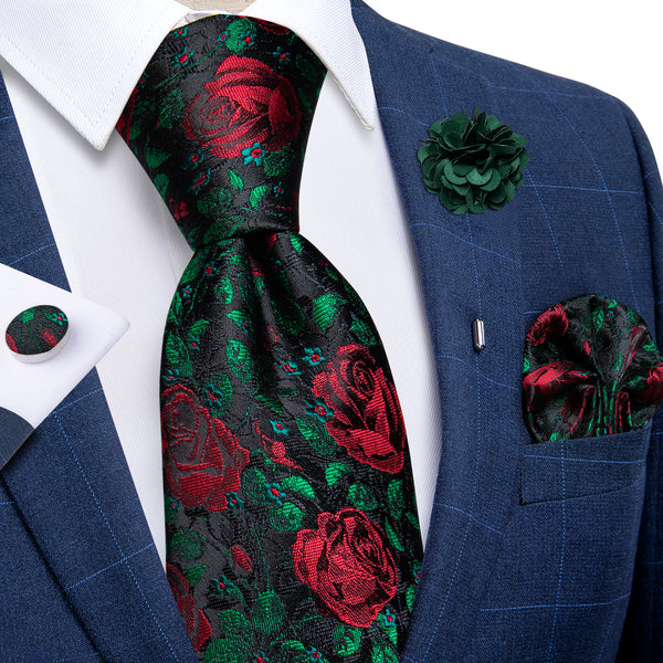 Red Rose Green Black Floral Men's Necktie Pocket Square Cufflinks Set with Lapel Pin