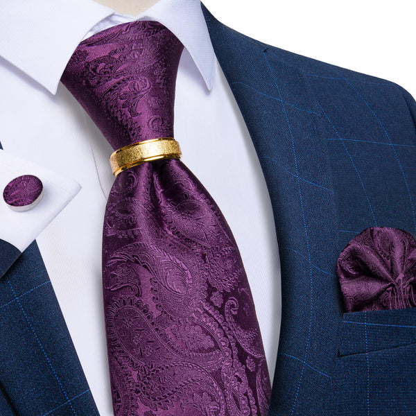 Dark Purple Paisley Tie Ring Handkerchief Cufflinks Set