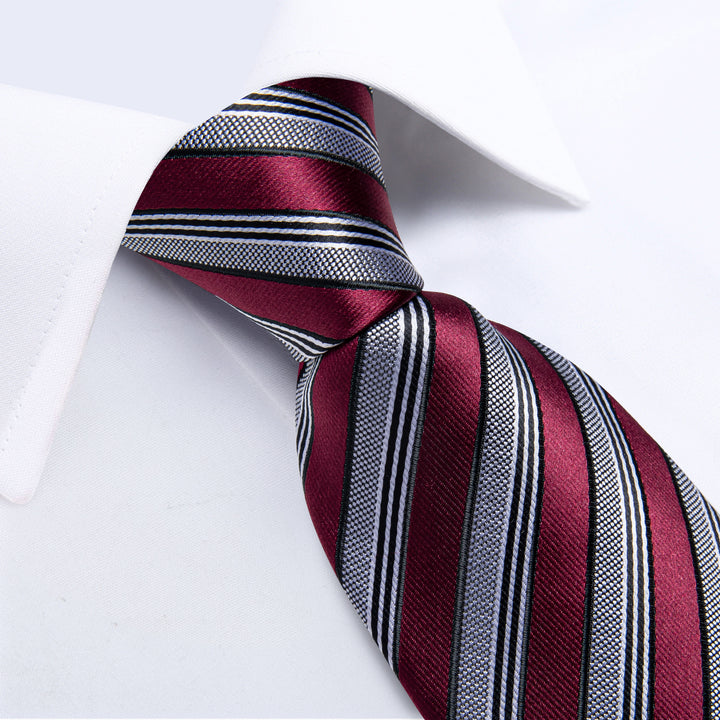 Burgundy Grey Striped Necktie 