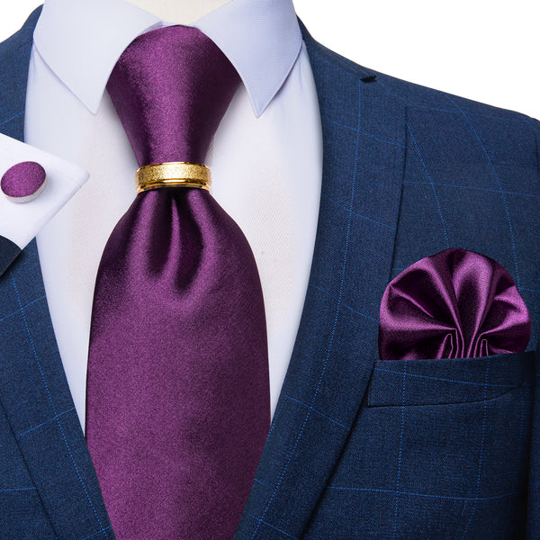 Purple Violet Solid Tie Ring Pocket Square Cufflinks Set