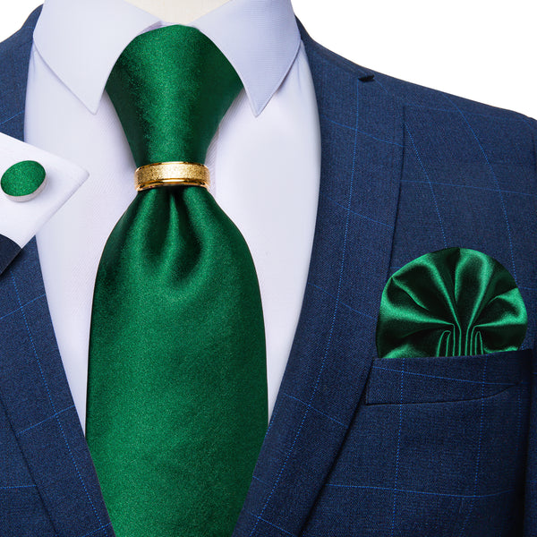 Emerald Green Solid Tie Ring Pocket Square Cufflinks Set