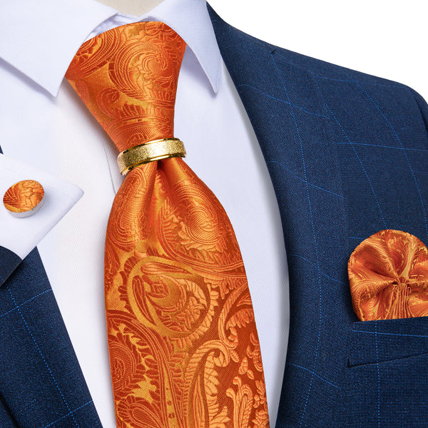 fashion wedding paisley hot orange tie outfit with mens tie ring accessory set