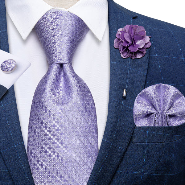 Purple Plaid Men's Necktie Pocket Square Cufflinks Set with Lapel Pin