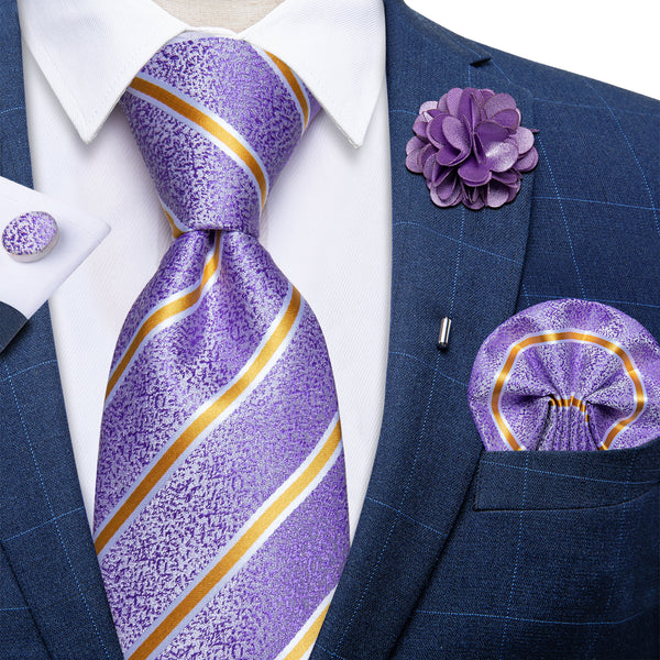 Purple Gold Striped Men's Necktie Pocket Square Cufflinks Set with Lapel Pin