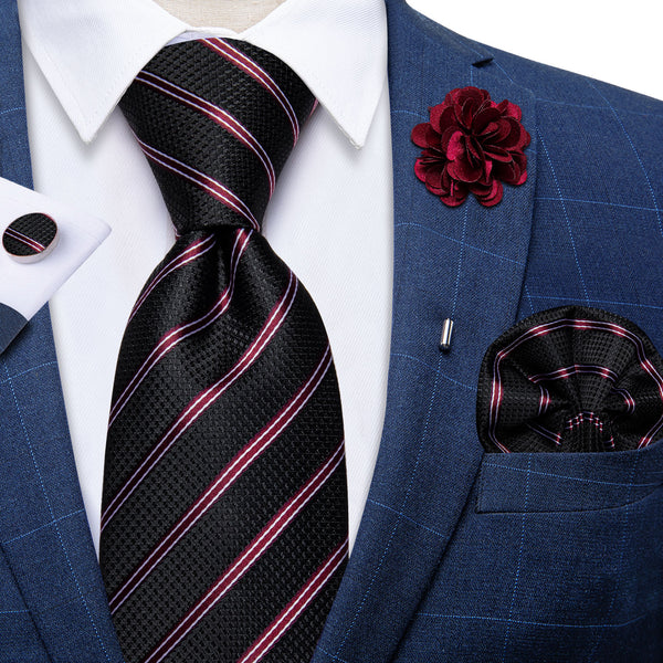 Black Red Striped Men's Necktie Pocket Square Cufflinks Set with Lapel Pin