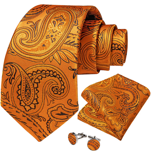 Orange Black Paisley Silk Necktie Pocket Square Cufflinks Set