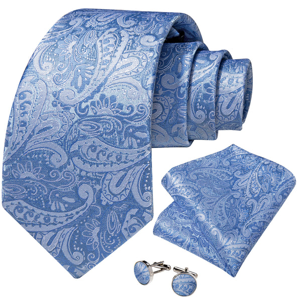 Sea Blue Paisley Silk Necktie Pocket Square Cufflinks Set