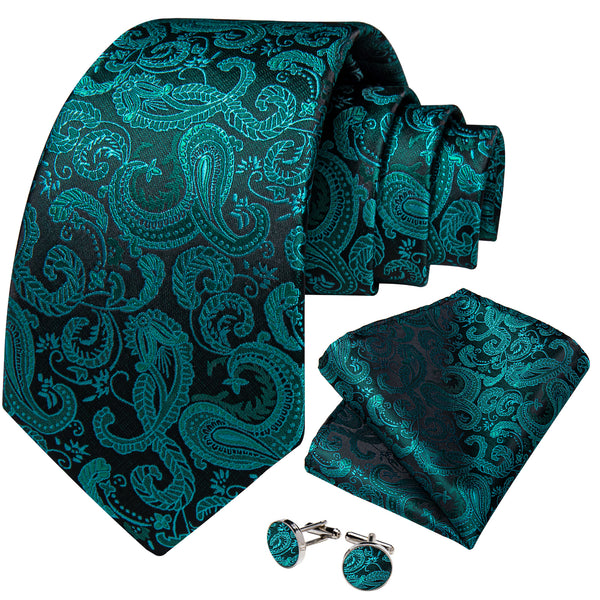 Nile Blue Paisley Silk Necktie Pocket Square Cufflinks Set