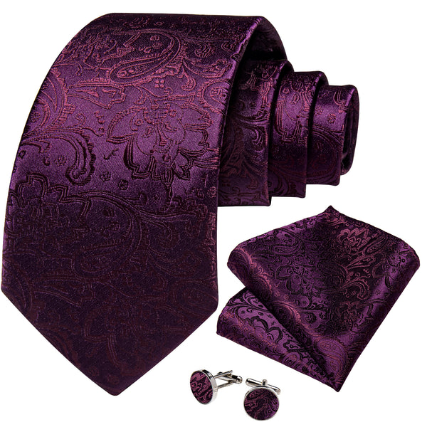 Azalea Purple Paisley Silk Necktie Pocket Square Cufflinks Set
