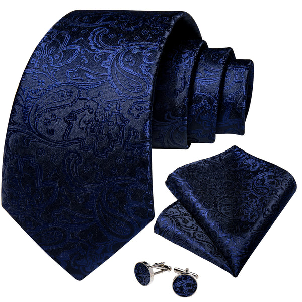 New Navy Blue Paisley Silk Necktie Pocket Square Cufflinks Set