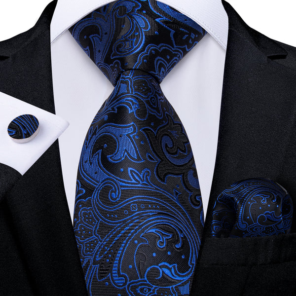 Klein Blue Black Paisley Silk Men Necktie Pocket Square Cufflinks Set