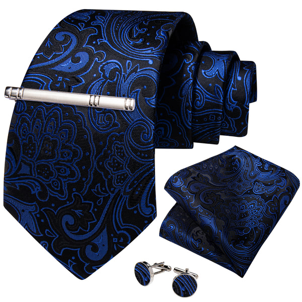 Klein Blue Black Paisley Silk Men's Necktie Pocket Square Cufflinks Set with Clip