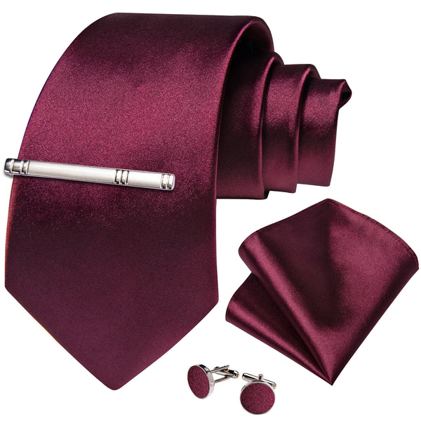 Burgundy Solid Silk Men's Necktie Pocket Square Cufflinks Set with Clip