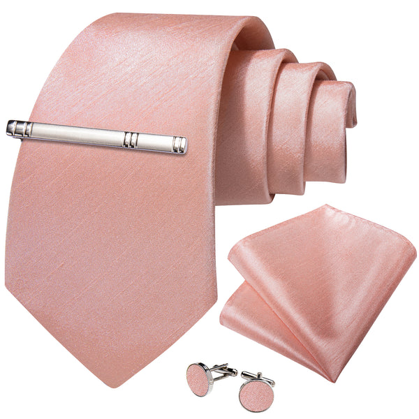 Pink Solid Silk Men's Necktie Pocket Square Cufflinks Set with Clip