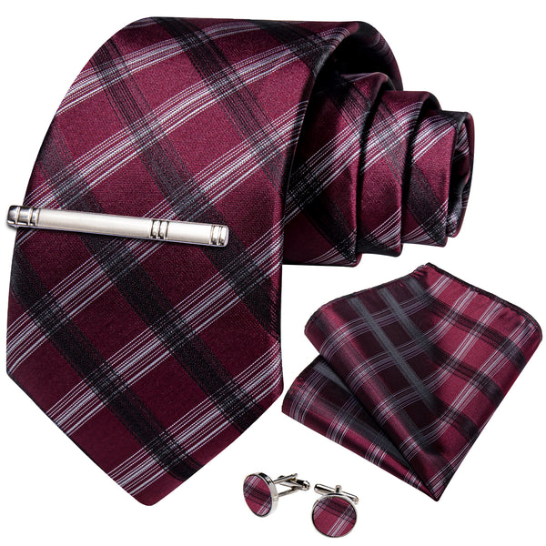 Burgundy Wine Black White Striped Silk Men's Necktie Pocket Square Cufflinks Set with Clip