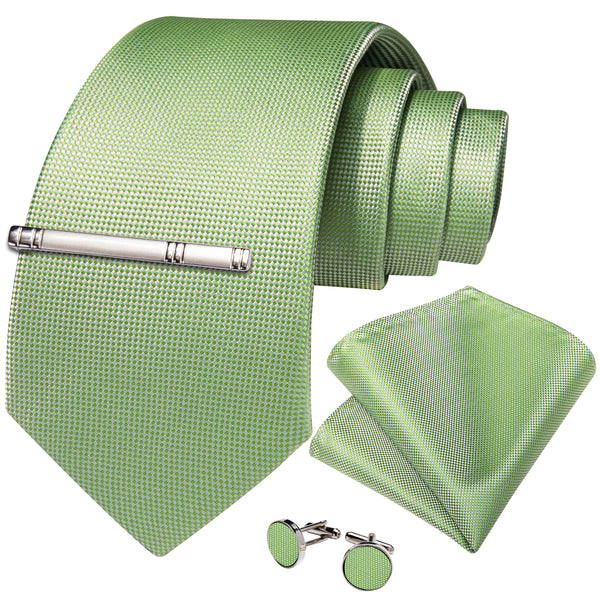 Avocado Green Plaid Silk Men's Necktie Pocket Square Cufflinks Set with Clip