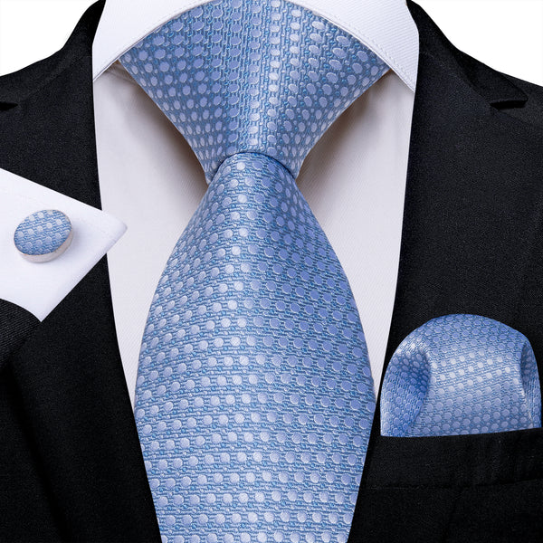Blue Polka Dot Silk Men's Necktie Pocket Square Cufflinks Set