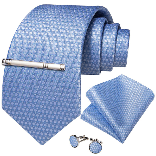Blue Polka Dot Silk Men's Necktie Pocket Square Cufflinks Set with Clip