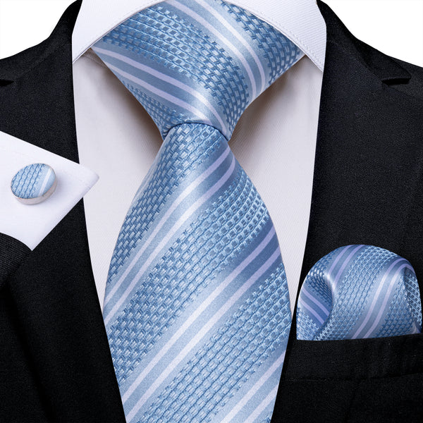 Baby Blue White Striped Men's Necktie Pocket Square Cufflinks Set
