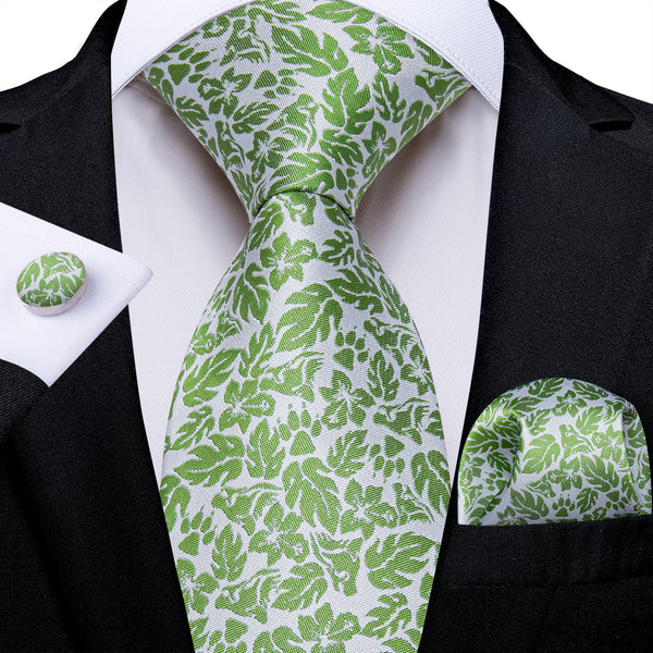 Green White Floral Leaf Silk Men's Necktie Pocket Square Cufflinks Set