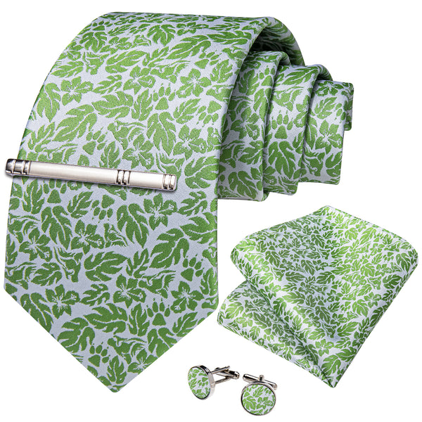 Green White Floral Leaf Silk Men's Necktie Pocket Square Cufflinks Set with Clip