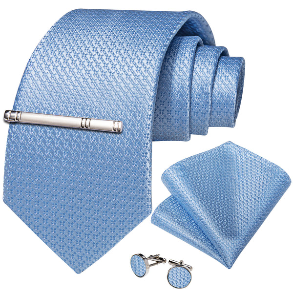 Blue Plaid Silk Men's Necktie Pocket Square Cufflinks Set with Clip