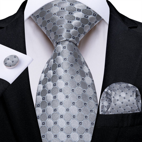 Silver Black Geometric Silk Men's Necktie Pocket Square Cufflinks Set