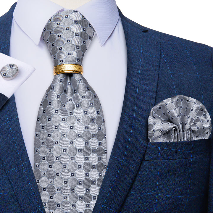 smoke grey plaid geometric mens silk tie with gold tie ring for white shirt 