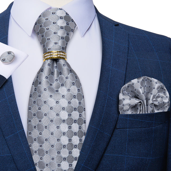 smoke grey plaid geometric mens silk tie with gold tie ring