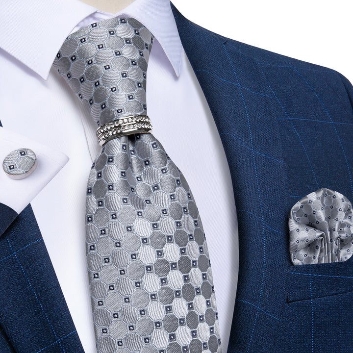 smoke grey plaid geometric mens silk tie with sliver  tie ring