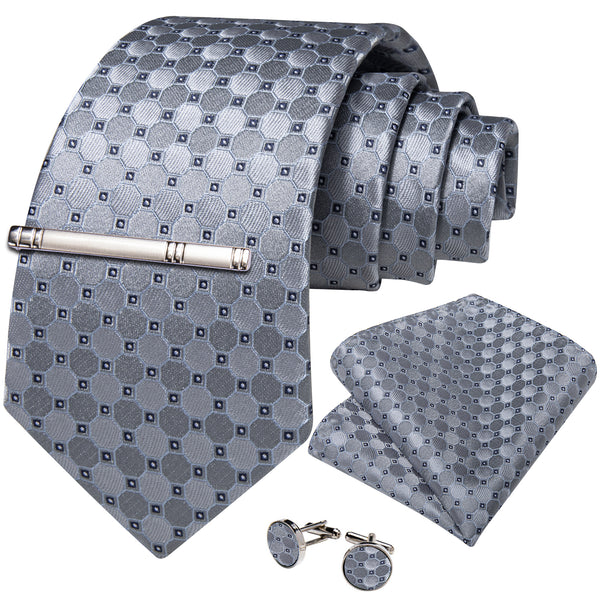 Silver Black Geometric Silk Men's Necktie Pocket Square Cufflinks Set with Clip