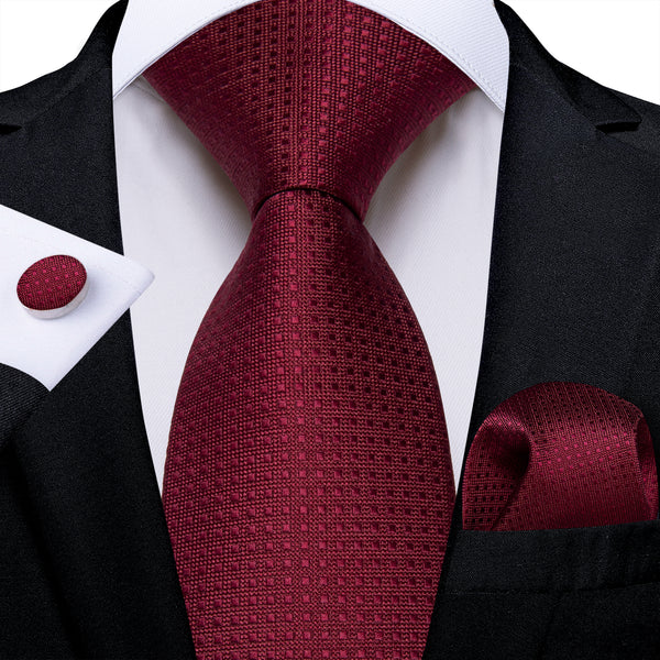 Burgundy Plaid Silk Men's Necktie Pocket Square Cufflinks Set
