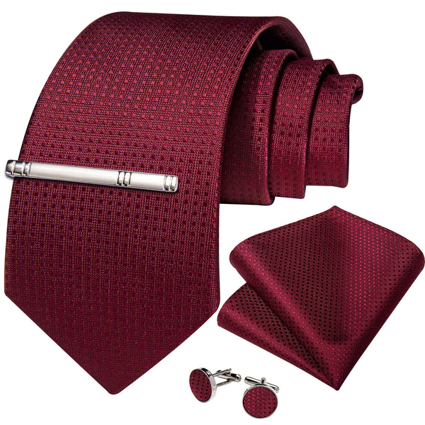 Burgundy Plaid Silk Men's Necktie Pocket Square Cufflinks Set with Clip